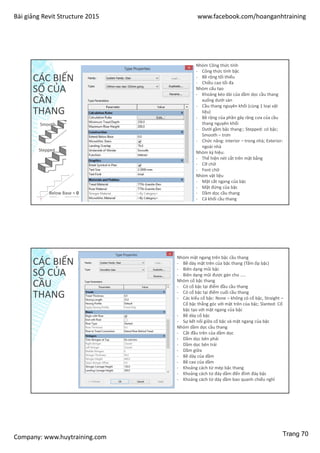 Bài giảng Revit Structure 2015 www.facebook.com/hoanganhtraining
Company: www.huytraining.com
CÁC BIẾN
SỐ CỦA
CẦN
THANG
Nhóm Công thức tính
- Công thức tính bậc
- Bề rộng tối thiểu
- Chiều cao tối đa
Nhóm cấu tạo
- Khoảng kéo dài của dầm dọc cầu thang
xuống dưới sàn
- Cầu thang nguyên khối (cùng 1 loại vật
liệu)
- Bề rộng của phần gây răng cưa của cầu
thang nguyên khối
- Dưới gầm bậc thang:; Stepped: có bậc;
Smooth – trơn
- Chức năng: interior – trong nhà; Exterior:
ngoài nhà
Nhóm ký hiệu:
- Thể hiện nét cắt trên mặt bằng
- Cỡ chữ
- Font chữ
Nhóm vật liệu
- Mặt cắt ngang của bậc
- Mặt đứng của bậc
- Dầm dọc cầu thang
- Cả khối cầu thang
Stepped
Smooth
Below Base = 0
CÁC BIẾN
SỐ CỦA
CẦU
THANG
Nhóm mặt ngang trên bậc cầu thang
- Bề dày mặt trên của bậc thang (Tấm ốp bậc)
- Biên dạng mũi bậc
- Biên dạng mũi được gán cho …..
Nhóm cổ bậc thang
- Có cổ bậc tại điểm đầu cầu thang
- Có cổ bậc tại điểm cuối cầu thang
- Các kiểu cổ bậc: None – không có cổ bậc, Straight –
Cổ bậc thẳng góc với mặt trên của bậc; Slanted: Cổ
bậc tạo với mặt ngang của bậc
- Bề dày cổ bậc
- Sự kết nối giữa cổ bậc và mặt ngang của bậc
Nhóm dầm dọc cầu thang
- Cắt đầu trên của dầm dọc
- Dầm dọc bên phải
- Dầm dọc bên trái
- Dầm giữa
- Bề dày của dầm
- Bề cao của dầm
- Khoảng cách từ mép bậc thang
- Khoảng cách từ đáy dầm đến đỉnh đáy bậc
- Khoảng cách từ dáy dầm bao quanh chiếu nghỉ
Trang 70
 