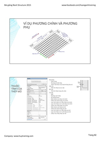 Bài giảng Revit Structure 2015 www.facebook.com/hoanganhtraining
Company: www.huytraining.com
VÍ DỤ PHƯƠNG CHÍNH VÀ PHƯƠNG
PHỤ
THUỘC
TÍNH CỦA
THÉP MŨ
Xây dựng
- Phân vùng
- Phương án đặt thép
- Thêm một đoạn vào lớp bê tông bảo vệ
Hiển thị
- Hiển thị thép tại các mặt
Kết cấu
- Thể tích thép trong cấu kiện
Các lớp
- Mặt
- Khoảng cách thép
- Số lượng thanh
- Kiểu thanh của thép mũ chính
- Chiều dài Thanh thép mũ chính
- Loại móc thép vị trí đầu thép mũ chính
- Loại móc thép vị trí cuối thép mũ chính
- Chiều móc thép thép mũ chính
- Kiểu thanh của thép xen kẽ
- Chiều dài Thanh thép xen kẽ
- Loại móc thép vị trí đầu thép xen kẽ
- Loại móc thép vị trí cuối thép xen kẽ
- Chiều móc thép thép xen kẽ
Trang 82
 