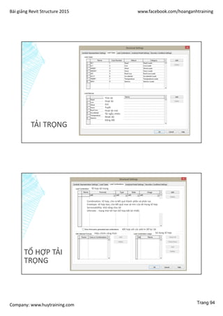 Bài giảng Revit Structure 2015 www.facebook.com/hoanganhtraining
Company: www.huytraining.com
TẢI TRỌNG
Tỉnh tải
Hoạt tải
Gió
Tuyết
Hoạt tải mái
Tải ngẫu nhiên
Nhiệt độ
Động đất
TỔ HỢP TẢI
TRỌNG
Tổ hợp tải trọng
Hiệu chỉnh công thức Sử dụng tổ hợp
Combination: tổ hợp, cho ra kết quả thành phần và phản lực
Envelope: tổ hợp bao, cho kết quả max và min của tải trọng tổ hợp
Serviceabillity: khả năng chịu tải
Ultimate : trạng thái tới hạn (tổ hợp bất lợi nhất)
Kết hợp với các add-in để lọc tải
Trang 94
 