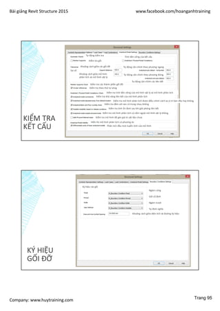 Bài giảng Revit Structure 2015 www.facebook.com/hoanganhtraining
Company: www.huytraining.com
KIỂM TRA
KẾT CẤU
Tự động kiểm tra
Kiểm tra gối
Tính bền vững của kết cấu
Sai số
Khoảng cách giữa các gối đỡ
Khoảng cách giữa mô hình
phân tích và mô hình vật lý
Tự động căn chỉnh các liên kết
Tự động căn chỉnh theo phương ngang
Tự động căn chỉnh theo phương đứng
Kiểm tra các thành phần gối đỡ
Kiếm tra theo thứ tự vòng
Kiểm tra tính bền vững của mô hình vật lý và mô hình phân tích
Kiểm tra khả năng liên kết của mô hình phân tích
Kiểm tra mô hình phân tích được điều chỉnh cách xa vị trí ban đầu hay không
Kiểm tra dầm với sàn có trùng nhau không
Kiểm tra tính ổn định sau khi giải phóng liên kết
Kiểm tra mô hình phân tích có nằm ngoài mô hình vật lý không
Kiểm tra mô hình đã gán giá trị vật liệu chưa
Hiển thị mô hình phân tích có phương án
Phân tích đầu mút tuyến tính của mô hình
KÝ HIỆU
GỐI ĐỠ
Ký hiệu các gối
Ngàm cứng
Gối cố định
Ngàm trượt
Tự định nghĩa
Khoảng cách giữa diện tích và đường ký hiệu
Trang 95
 