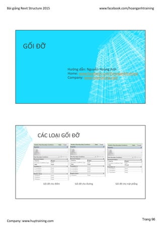 Bài giảng Revit Structure 2015 www.facebook.com/hoanganhtraining
Company: www.huytraining.com
GỐI ĐỠ
Hướng dẫn: Nguyễn Hoàng Anh
Home: www.facebook.comhoanganhtraining
Company: www.huytraining.com
CÁC LOẠI GỐI ĐỠ
Gối đỡ cho điểm Gối đỡ cho đường Gối đỡ cho mặt phẳng
Trang 96
 