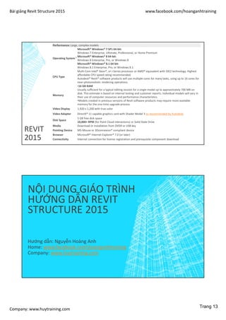 Bài giảng Revit Structure 2015 www.facebook.com/hoanganhtraining
Company: www.huytraining.com
MỤC LỤC
Chương 1: Tổng quan ...