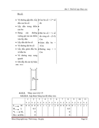 Bài 1: Thiết kế rập-Nhảy size
Khoa Công nghệ may- Thời trang – Da giày Page 12
Bo cổ:
4.2.2.2. Nhảy size tỉ lệ 1/5
4.2.2.2.1. Lập được bảng tọa độ nhảy size.
 Vẽ đường gấp đôi, Lấy
dấu cao bo cổ
 Lấy dấu trung điểm
cao bo
 Dựng các đường
vuông góc tại các điểm
vừa lấy dấu
 Lấy dấu dài bo cổ
 Vẽ đường dài bo cổ
 Lấy dấu giảm đầu bo,
vẽ đầu bo
 Vẽ đường may xung
quanh
 Ghi đầy đủ các ký hiệu
 Cao bo cổ = 2 * số
đo


 Dài bo cổ = ½ số
đo vòng cổ – (3-5)
Cm
 Giảm đầu bo =
1Cm
 Đường may = 1
Cm
1
x y
2
x y
3
x y
4
x y
5
x y
6
x y
7
x y
8
x y
9
x y
10
x y
11
x y
S M
M L
*L XL
XL XXL
0 0 0 0
0.5
0
0
0 1 1 1 2 1 2 0 0 0 0 0
0.5
0
0
0 1 1 1 2 1
 