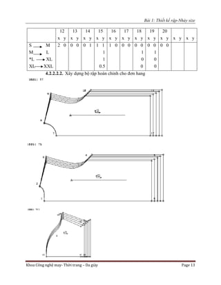 Bài 1: Thiết kế rập-Nhảy size
Khoa Công nghệ may- Thời trang – Da giày Page 13
4.2.2.2.2. Xây dựng bộ rập hoàn chỉnh cho đơn hang
12
x y
13
x y
14
x y
15
x y
16
x y
17
x y
18
x y
19
x y
20
x y x y x y
S M
M L
*L XL
XL XXL
2 0 0 0 0 1 1 1
1
1
0.5
1 0 0 0 0 0
1
0
0
0 0
1
0
0
0 0
 