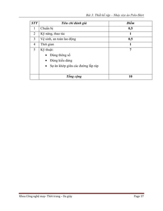 Bài 3: Thiết kế rập – Nhảy size áo Polo-Shirt
Khoa Công nghệ may- Thời trang – Da giày Page 37
STT Tiêu chí đánh giá Điểm
1 Chuẩn bị 0,5
2 Kỹ năng, thao tác 1
3 Vệ sinh, an toàn lao động 0,5
4 Thời gian 1
5 Kỹ thuật:
 Đúng thông số
 Đúng kiểu dáng
 Sự ăn khớp giữa các đường lắp ráp
7
Tổng cộng 10
 