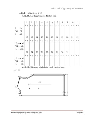 Bài 4: Thiết kế rập – Nhảy size áo chemise
Khoa Công nghệ may- Thời trang – Da giày Page 47
4.2.2.2. Nhảy size tỉ lệ 1/5
4.2.2.2.1. Lập được bảng tọa độ nhảy size.
4.2.2.2.2. Xây dựng bộ rập hoàn chỉnh cho đơn hang
1
x y
2
x y
3
x y
4
x y
5
x y
6
x y
7
x y
8
x y
9
x y
10
x y
11
x y
S M
*M L
L XL
12
x y
13
x y
14
x y
15
x y
16
x y
17
x y
18
x y
19
x y
20
x y
21
x y
22
x y
S M
*M L
L XL
23
x y
24
x y
25
x y
26
x y
27
x y
28
x y
29
x y
30
x y
31
x y x y x y
S M
*M L
L XL
 