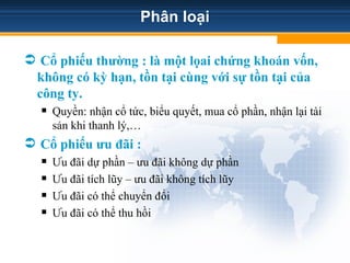 Phân loại
 Cổ phiếu thường : là một lọai chứng khoán vốn,
không có kỳ hạn, tồn tại cùng với sự tồn tại của
công ty.
 Quyền: nhận cổ tức, biểu quyết, mua cổ phần, nhận lại tài
sản khi thanh lý,…
 Cổ phiếu ưu đãi :
 Ưu đãi dự phần – ưu đãi không dự phần
 Ưu đãi tích lũy – ưu đãi không tích lũy
 Ưu đãi có thể chuyển đổi
 Ưu đãi có thể thu hồi
 