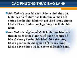 CÁC PHƯƠNG THỨC BẢO LÃNH
Bảo lãnh với cam kết chắc chắn là hình thức bảo
lãnh theo đó tổ chức bảo lãnh cam kết bán hết
chứng khoán phát hành với giá và số lượng chứng
khoán đã xác định trong hợp đồng bảo lãnh phát
hành
Bảo lãnh với cố gắng tối đa là hình thức bảo lãnh
theo đó tổ chức bảo lãnh sẽ cố gắng hết mức để
bán số chứng khoán phát hành. Nếu số chứng
khoán phát hành không bán hết thì số chứng
khoán này sẽ được trả lại cho tổ chức phát hành.
 
