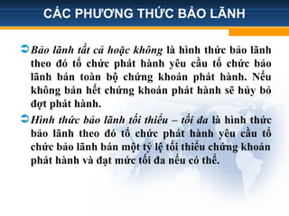 CÁC PHƯƠNG THỨC BẢO LÃNH
Bảo lãnh tất cả hoặc không là hình thức bảo lãnh
theo đó tổ chức phát hành yêu cầu tổ chức bảo
lãnh bán toàn bộ chứng khoán phát hành. Nếu
không bán hết chứng khoán phát hành sẽ hủy bỏ
đợt phát hành.
Hình thức bảo lãnh tối thiểu – tối đa là hình thức
bảo lãnh theo đó tổ chức phát hành yêu cầu tổ
chức bảo lãnh bán một tỷ lệ tối thiểu chứng khoán
phát hành và đạt mức tối đa nếu có thể.
 