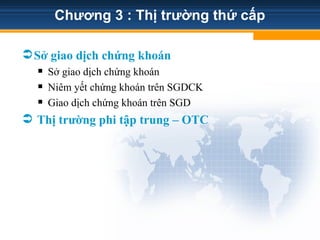Chương 3 : Thị trường thứ cấp
Sở giao dịch chứng khoán
 Sở giao dịch chứng khoán
 Niêm yết chứng khoán trên SGDCK
 Giao dịch chứng khoán trên SGD
 Thị trường phi tập trung – OTC
 