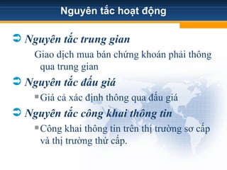 Nguyên tắc hoạt động
 Nguyên tắc trung gian
Giao dịch mua bán chứng khoán phải thông
qua trung gian
 Nguyên tắc đấu giá
 Giá cả xác định thông qua đấu giá
 Nguyên tắc công khai thông tin
 Công khai thông tin trên thị trường sơ cấp
và thị trường thứ cấp.
 