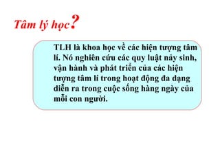 Tâm lý học?
TLH là khoa học về các hiện tượng tâm
lí. Nó nghiên cứu các quy luật nảy sinh,
vận hành và phát triển của các hiện
tượng tâm lí trong hoạt động đa dạng
diễn ra trong cuộc sống hàng ngày của
mỗi con người.
 