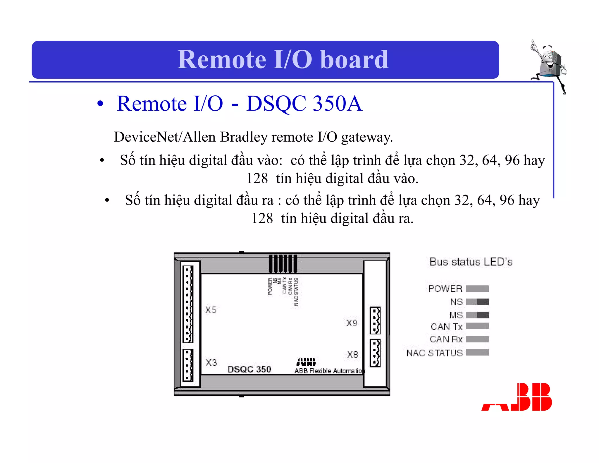 Remote I/O board
• Remote I/O－DSQC 350A
DeviceNet/Allen Bradley remote I/O gateway.
• Số tín hiệu digital đầu vào: có thể lập trình để lựa chọn 32, 64, 96 hay
128 tín hiệu digital đầu vào.
• Số tín hiệu digital đầu ra : có thể lập trình để lựa chọn 32, 64, 96 hay
128 tín hiệu digital đầu ra.
 