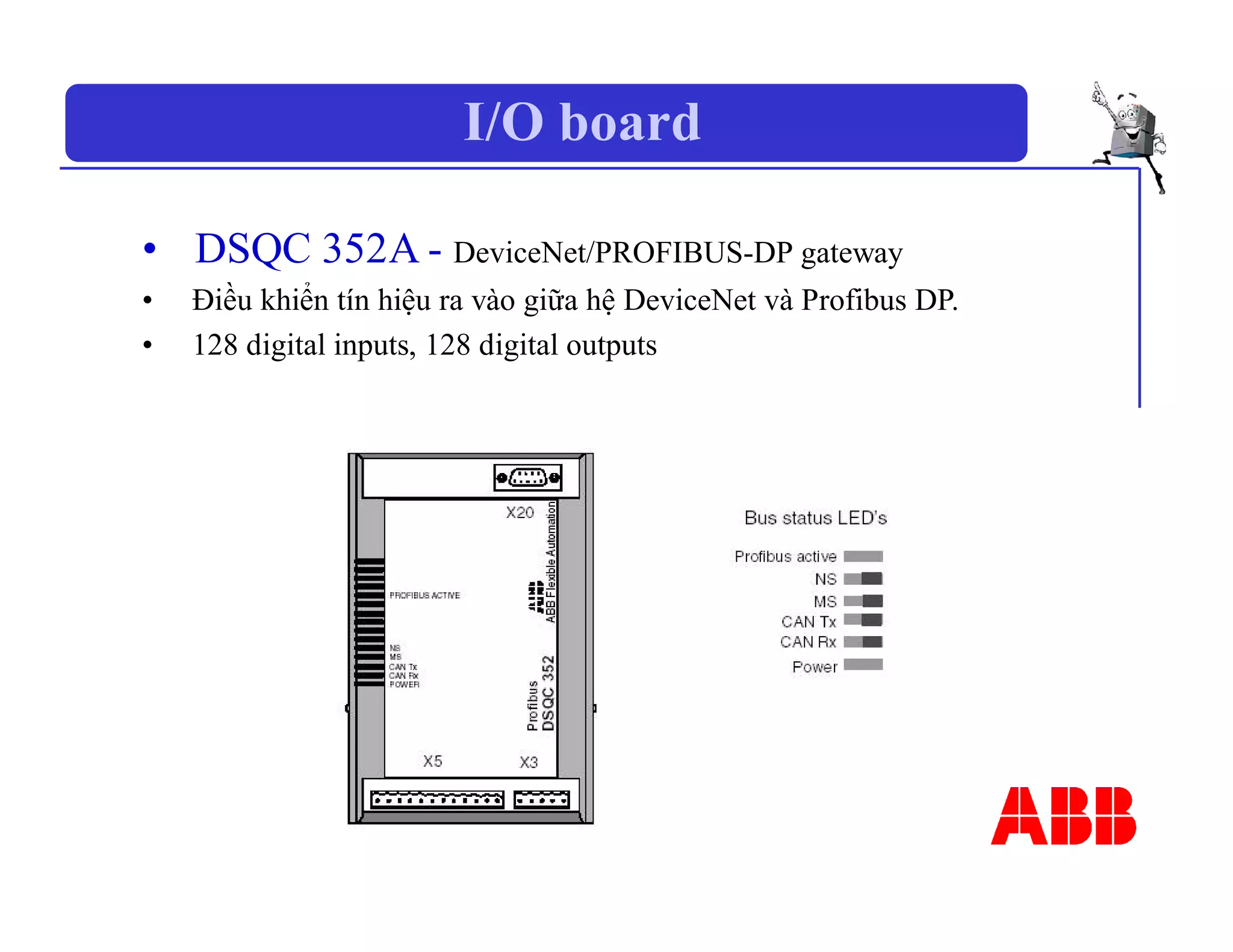 I/O board
• DSQC 352A - DeviceNet/PROFIBUS-DP gateway
• Điều khiển tín hiệu ra vào giữa hệ DeviceNet và Profibus DP.
• 128 digital inputs, 128 digital outputs
 