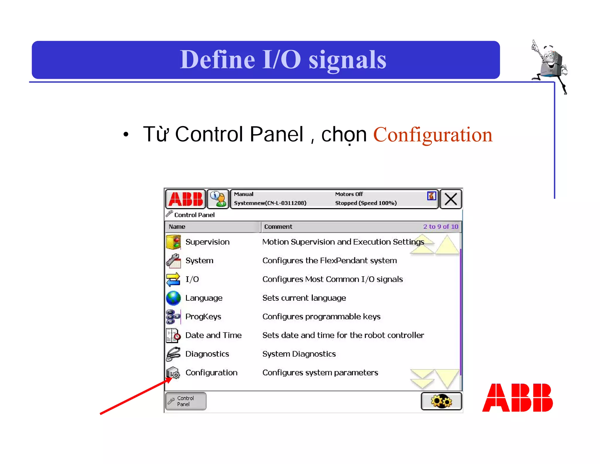 Define I/O signals
• Từ Control Panel , chọn Configuration
 