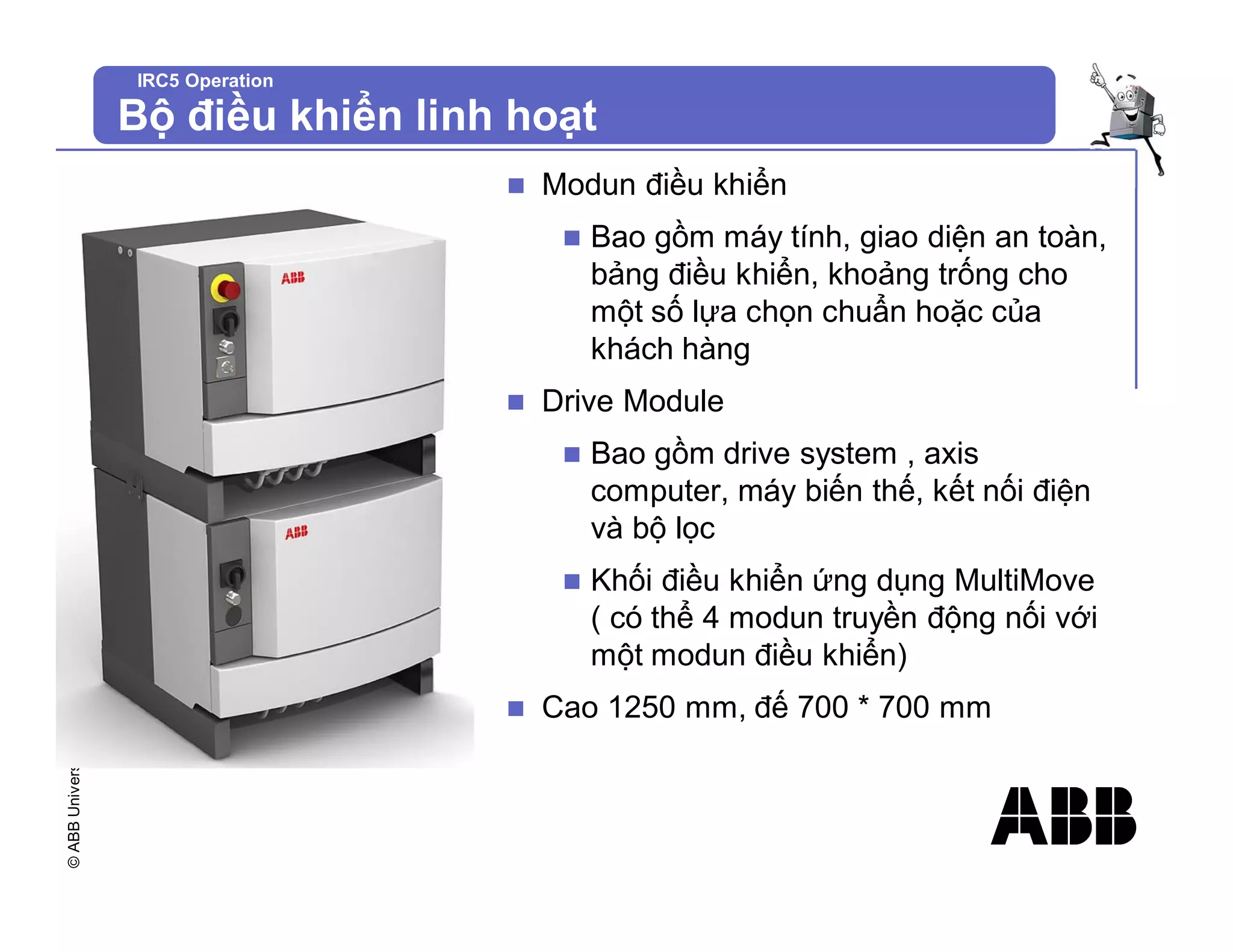 ©
ABB
University
-13
IRC5 Operation
Bộ điều khiển linh hoạt
n Modun điều khiển
n Bao gồm máy tính, giao diện an toàn,
bảng điều khiển, khoảng trống cho
một số lựa chọn chuẩn hoặc của
khách hàng
n Drive Module
n Bao gồm drive system , axis
computer, máy biến thế, kết nối điện
và bộ lọc
n Khối điều khiển ứng dụng MultiMove
( có thể 4 modun truyền động nối với
một modun điều khiển)
n Cao 1250 mm, đế 700 * 700 mm
 