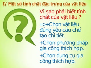 Vì sao phải biết tính
chất của vật liệu ?
=
>
+
Chọn vật liệu
đúng yêu cầu chế
tạo chi tiết.
+
Chọn phương pháp
gia công thích hợp.
+
Chọn dụng cụ gia
công thích hợp.
 