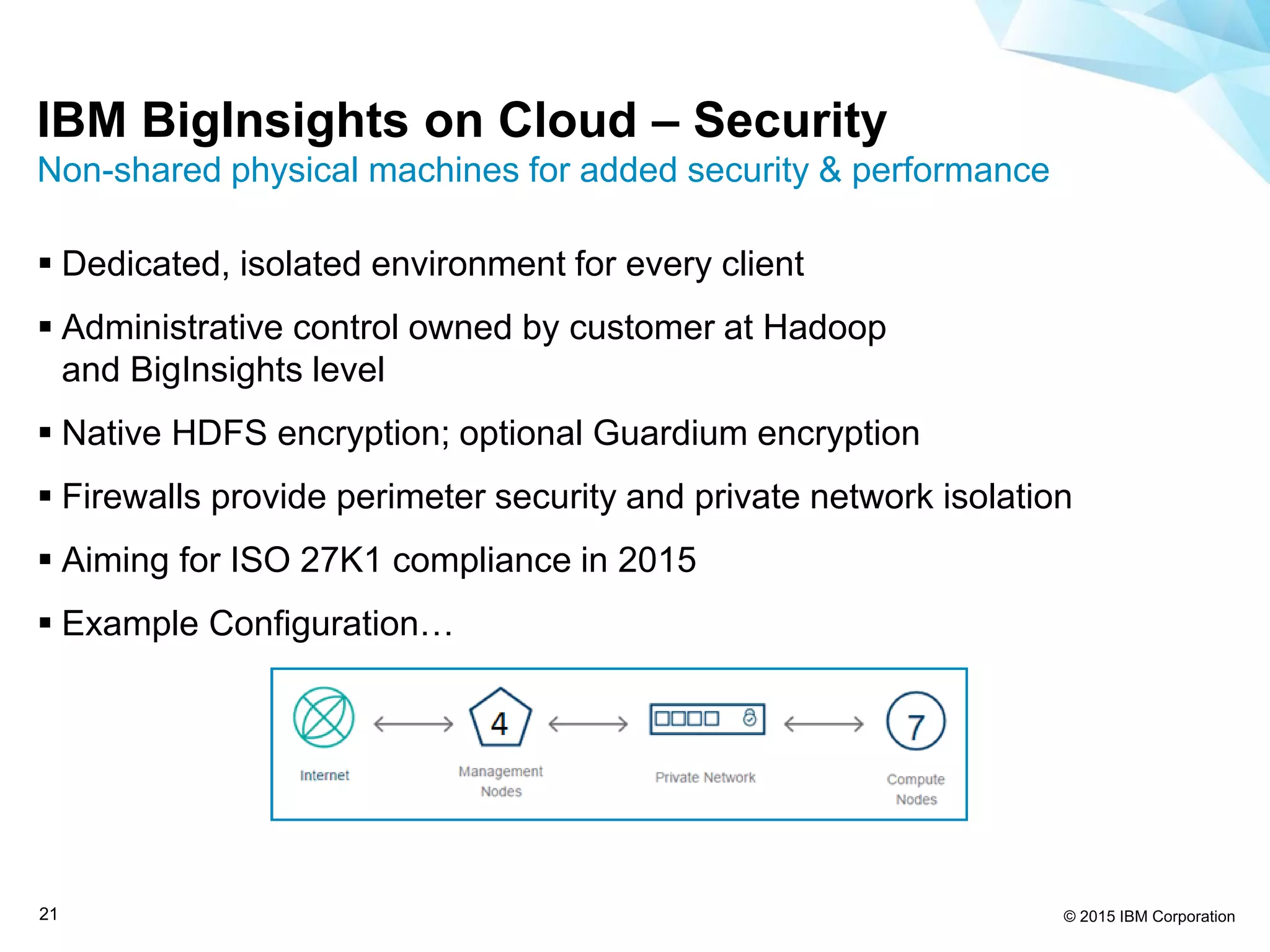 © 2015 IBM Corporation21
IBM BigInsights on Cloud – Security
 Dedicated, isolated environment for every client
 Administrative control owned by customer at Hadoop
and BigInsights level
 Native HDFS encryption; optional Guardium encryption
 Firewalls provide perimeter security and private network isolation
 Aiming for ISO 27K1 compliance in 2015
 Example Configuration…
Non-shared physical machines for added security & performance
 