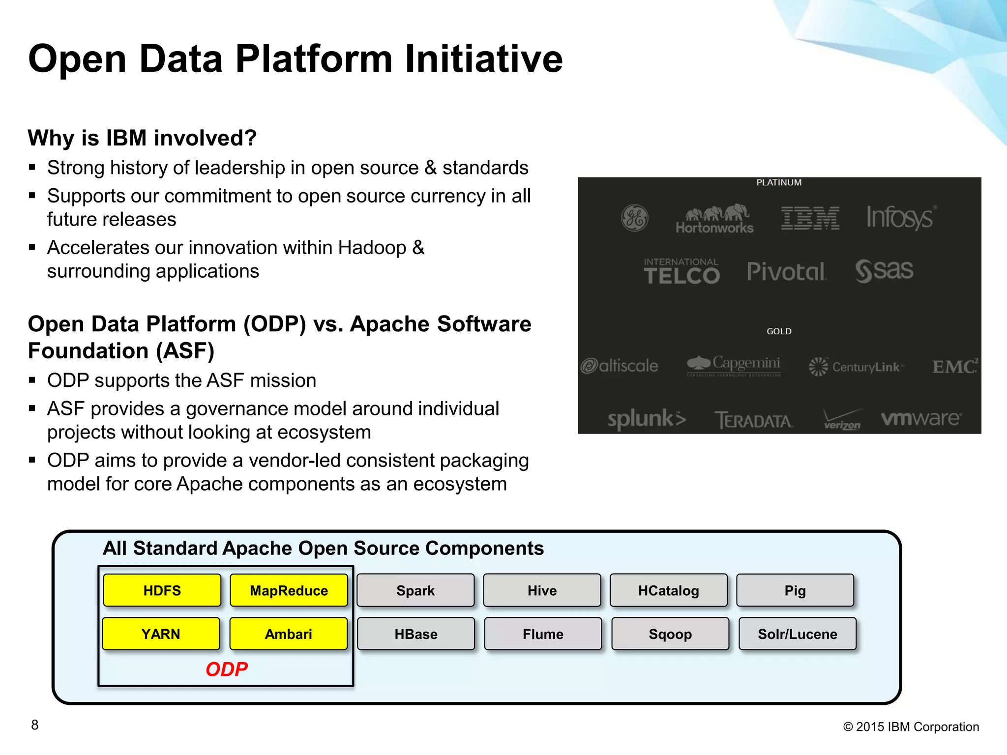 © 2015 IBM Corporation8
Open Data Platform Initiative
Why is IBM involved?
 Strong history of leadership in open source & standards
 Supports our commitment to open source currency in all
future releases
 Accelerates our innovation within Hadoop &
surrounding applications
Open Data Platform (ODP) vs. Apache Software
Foundation (ASF)
 ODP supports the ASF mission
 ASF provides a governance model around individual
projects without looking at ecosystem
 ODP aims to provide a vendor-led consistent packaging
model for core Apache components as an ecosystem
All Standard Apache Open Source Components
HDFS
YARN
MapReduce
Ambari HBase
Spark
Flume
Hive Pig
Sqoop
HCatalog
Solr/Lucene
ODP
 
