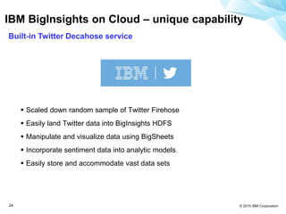 © 2015 IBM Corporation24
IBM BigInsights on Cloud – unique capability
Built-in Twitter Decahose service
 Scaled down random sample of Twitter Firehose
 Easily land Twitter data into BigInsights HDFS
 Manipulate and visualize data using BigSheets
 Incorporate sentiment data into analytic models
 Easily store and accommodate vast data sets
 