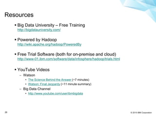 © 2015 IBM Corporation26
 Big Data University – Free Training
http://bigdatauniversity.com/
 Powered by Hadoop
http://wiki.apache.org/hadoop/PoweredBy
 Free Trial Software (both for on-premise and cloud)
http://www-01.ibm.com/software/data/infosphere/hadoop/trials.html
 YouTube Videos
 Watson
• The Science Behind the Answer (~7 minutes)
• Watson: Final Jeopardy (~11 minute summary)
 Big Data Channel
• http://www.youtube.com/user/ibmbigdata
Resources
 