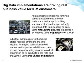 © 2015 IBM Corporation5
An automotive company is running a
series of experiments to better
understand and adapt to shifting
landscape of urban transportation by
streaming data from sensors on cars
using InfoSphere Streams to analyze it
on Hadoop using BigInsights on Cloud
Industrial manufacturer in the United
States reduces errors and the time
required for engine calibrations by 90
percent and improves reliability and new
product design by using sensors to collect
information on its products in the field and
analyzing it using InfoSphere BigInsights
Big Data implementations are driving real
business value for IBM customers
 