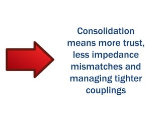 Consolidation
means more trust,
less impedance
mismatches and
managing tighter
couplings

 