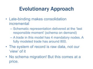 Evolutionary Approach
• Late-binding makes consolidation
incremental
– Schematic representation delivered at the ‘last
responsible moment’ (schema on demand)
– A trade in this model has 4 mandatory nodes. A
fully modeled trade has around 800.

• The system of record is raw data, not our
‘view’ of it
• No schema migration! But this comes at a
price.

 
