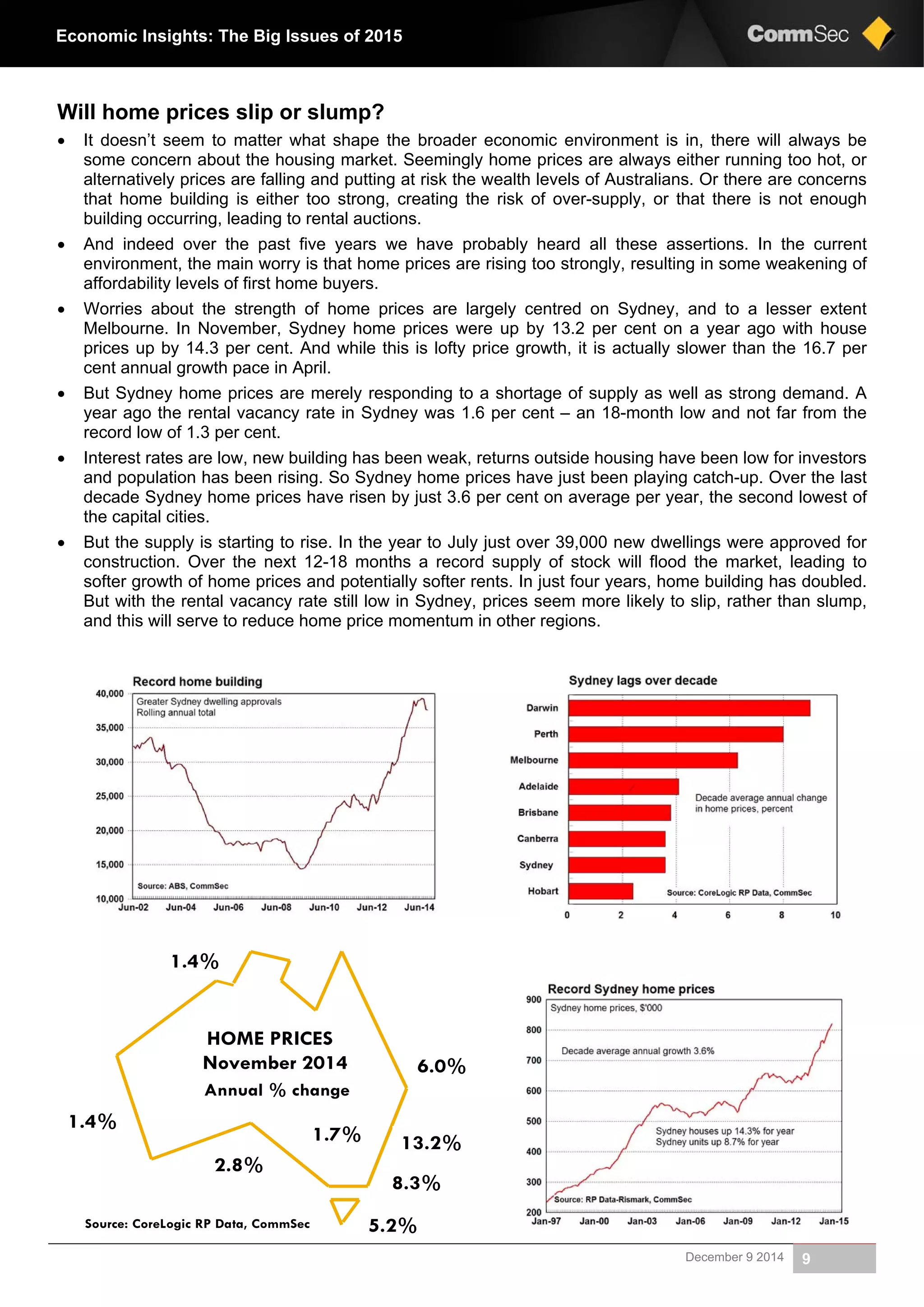 December 9 2014 9
Economic Insights: The Big Issues of 2015
Will home prices slip or slump?
 It doesn’t seem to matter what shape the broader economic environment is in, there will always be
some concern about the housing market. Seemingly home prices are always either running too hot, or
alternatively prices are falling and putting at risk the wealth levels of Australians. Or there are concerns
that home building is either too strong, creating the risk of over-supply, or that there is not enough
building occurring, leading to rental auctions.
 And indeed over the past five years we have probably heard all these assertions. In the current
environment, the main worry is that home prices are rising too strongly, resulting in some weakening of
affordability levels of first home buyers.
 Worries about the strength of home prices are largely centred on Sydney, and to a lesser extent
Melbourne. In November, Sydney home prices were up by 13.2 per cent on a year ago with house
prices up by 14.3 per cent. And while this is lofty price growth, it is actually slower than the 16.7 per
cent annual growth pace in April.
 But Sydney home prices are merely responding to a shortage of supply as well as strong demand. A
year ago the rental vacancy rate in Sydney was 1.6 per cent – an 18-month low and not far from the
record low of 1.3 per cent.
 Interest rates are low, new building has been weak, returns outside housing have been low for investors
and population has been rising. So Sydney home prices have just been playing catch-up. Over the last
decade Sydney home prices have risen by just 3.6 per cent on average per year, the second lowest of
the capital cities.
 But the supply is starting to rise. In the year to July just over 39,000 new dwellings were approved for
construction. Over the next 12-18 months a record supply of stock will flood the market, leading to
softer growth of home prices and potentially softer rents. In just four years, home building has doubled.
But with the rental vacancy rate still low in Sydney, prices seem more likely to slip, rather than slump,
and this will serve to reduce home price momentum in other regions.
HOME PRICES
November 2014 6.0%
1.7%
8.3%
5.2%
2.8%
1.4%
1.4%
13.2%
Annual % change
Source: CoreLogic RP Data, CommSec
 