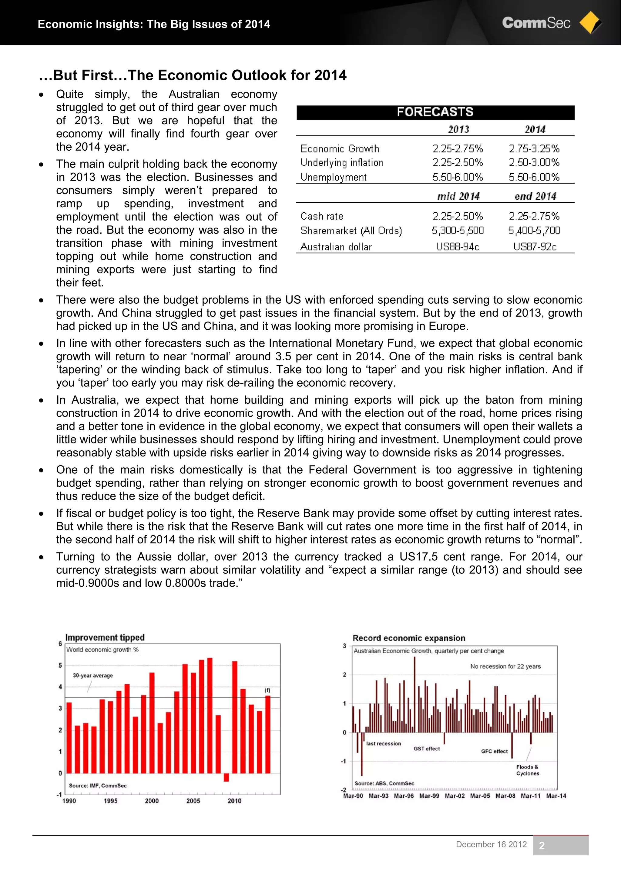 December 16 2012 2
Economic Insights: The Big Issues of 2014
…But First…The Economic Outlook for 2014
 Quite simply, the Australian economy
struggled to get out of third gear over much
of 2013. But we are hopeful that the
economy will finally find fourth gear over
the 2014 year.
 The main culprit holding back the economy
in 2013 was the election. Businesses and
consumers simply weren’t prepared to
ramp up spending, investment and
employment until the election was out of
the road. But the economy was also in the
transition phase with mining investment
topping out while home construction and
mining exports were just starting to find
their feet.
 There were also the budget problems in the US with enforced spending cuts serving to slow economic
growth. And China struggled to get past issues in the financial system. But by the end of 2013, growth
had picked up in the US and China, and it was looking more promising in Europe.
 In line with other forecasters such as the International Monetary Fund, we expect that global economic
growth will return to near ‘normal’ around 3.5 per cent in 2014. One of the main risks is central bank
‘tapering’ or the winding back of stimulus. Take too long to ‘taper’ and you risk higher inflation. And if
you ‘taper’ too early you may risk de-railing the economic recovery.
 In Australia, we expect that home building and mining exports will pick up the baton from mining
construction in 2014 to drive economic growth. And with the election out of the road, home prices rising
and a better tone in evidence in the global economy, we expect that consumers will open their wallets a
little wider while businesses should respond by lifting hiring and investment. Unemployment could prove
reasonably stable with upside risks earlier in 2014 giving way to downside risks as 2014 progresses.
 One of the main risks domestically is that the Federal Government is too aggressive in tightening
budget spending, rather than relying on stronger economic growth to boost government revenues and
thus reduce the size of the budget deficit.
 If fiscal or budget policy is too tight, the Reserve Bank may provide some offset by cutting interest rates.
But while there is the risk that the Reserve Bank will cut rates one more time in the first half of 2014, in
the second half of 2014 the risk will shift to higher interest rates as economic growth returns to “normal”.
 Turning to the Aussie dollar, over 2013 the currency tracked a US17.5 cent range. For 2014, our
currency strategists warn about similar volatility and “expect a similar range (to 2013) and should see
mid-0.9000s and low 0.8000s trade.”
 