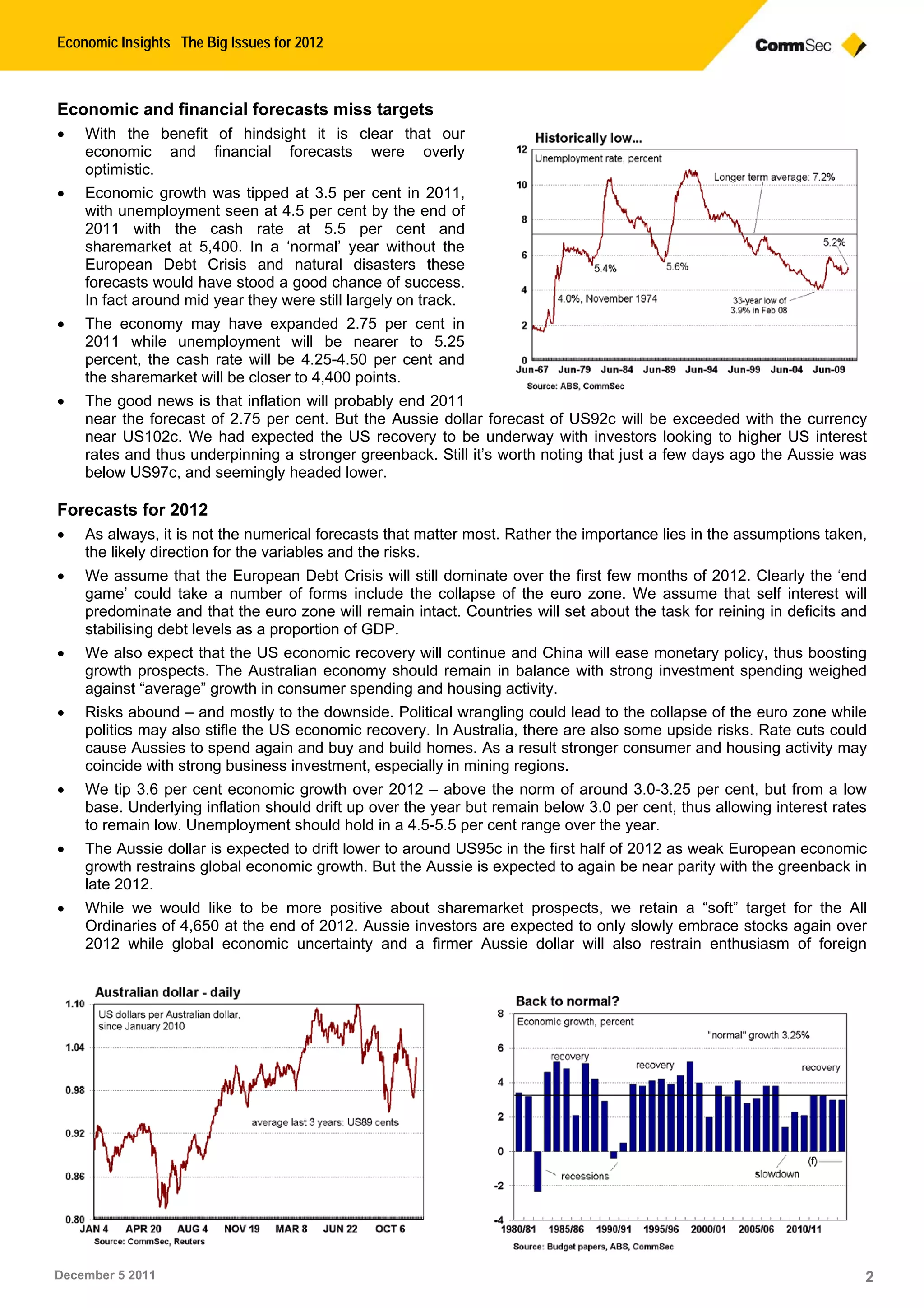 Economic Insights The Big Issues for 2012
December 5 2011 2
Economic and financial forecasts miss targets
 With the benefit of hindsight it is clear that our
economic and financial forecasts were overly
optimistic.
 Economic growth was tipped at 3.5 per cent in 2011,
with unemployment seen at 4.5 per cent by the end of
2011 with the cash rate at 5.5 per cent and
sharemarket at 5,400. In a ‘normal’ year without the
European Debt Crisis and natural disasters these
forecasts would have stood a good chance of success.
In fact around mid year they were still largely on track.
 The economy may have expanded 2.75 per cent in
2011 while unemployment will be nearer to 5.25
percent, the cash rate will be 4.25-4.50 per cent and
the sharemarket will be closer to 4,400 points.
 The good news is that inflation will probably end 2011
near the forecast of 2.75 per cent. But the Aussie dollar forecast of US92c will be exceeded with the currency
near US102c. We had expected the US recovery to be underway with investors looking to higher US interest
rates and thus underpinning a stronger greenback. Still it’s worth noting that just a few days ago the Aussie was
below US97c, and seemingly headed lower.
Forecasts for 2012
 As always, it is not the numerical forecasts that matter most. Rather the importance lies in the assumptions taken,
the likely direction for the variables and the risks.
 We assume that the European Debt Crisis will still dominate over the first few months of 2012. Clearly the ‘end
game’ could take a number of forms include the collapse of the euro zone. We assume that self interest will
predominate and that the euro zone will remain intact. Countries will set about the task for reining in deficits and
stabilising debt levels as a proportion of GDP.
 We also expect that the US economic recovery will continue and China will ease monetary policy, thus boosting
growth prospects. The Australian economy should remain in balance with strong investment spending weighed
against “average” growth in consumer spending and housing activity.
 Risks abound – and mostly to the downside. Political wrangling could lead to the collapse of the euro zone while
politics may also stifle the US economic recovery. In Australia, there are also some upside risks. Rate cuts could
cause Aussies to spend again and buy and build homes. As a result stronger consumer and housing activity may
coincide with strong business investment, especially in mining regions.
 We tip 3.6 per cent economic growth over 2012 – above the norm of around 3.0-3.25 per cent, but from a low
base. Underlying inflation should drift up over the year but remain below 3.0 per cent, thus allowing interest rates
to remain low. Unemployment should hold in a 4.5-5.5 per cent range over the year.
 The Aussie dollar is expected to drift lower to around US95c in the first half of 2012 as weak European economic
growth restrains global economic growth. But the Aussie is expected to again be near parity with the greenback in
late 2012.
 While we would like to be more positive about sharemarket prospects, we retain a “soft” target for the All
Ordinaries of 4,650 at the end of 2012. Aussie investors are expected to only slowly embrace stocks again over
2012 while global economic uncertainty and a firmer Aussie dollar will also restrain enthusiasm of foreign
 