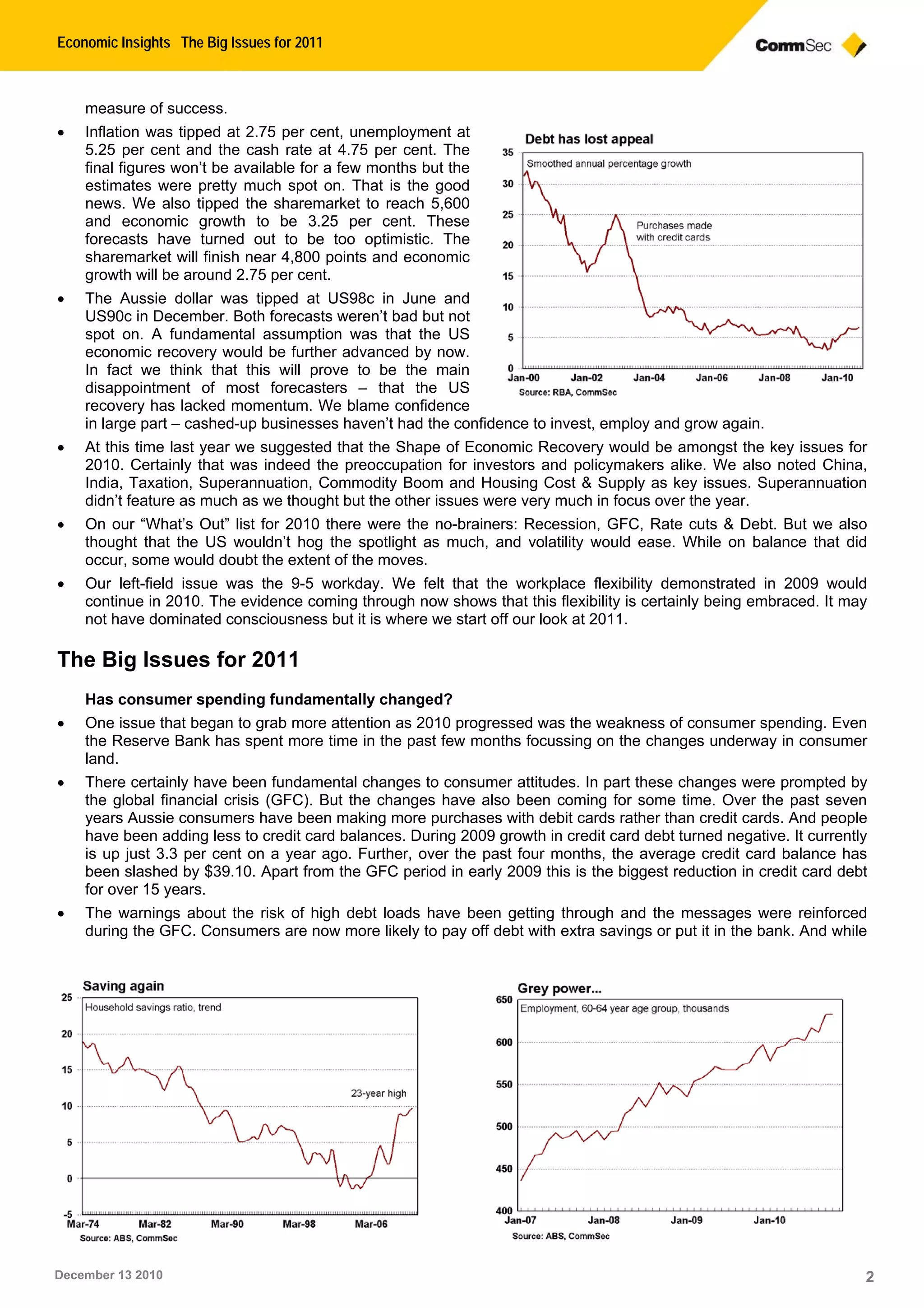 Economic Insights The Big Issues for 2011
December 13 2010 2
measure of success.
• Inflation was tipped at 2.75 per cent, unemployment at
5.25 per cent and the cash rate at 4.75 per cent. The
final figures won’t be available for a few months but the
estimates were pretty much spot on. That is the good
news. We also tipped the sharemarket to reach 5,600
and economic growth to be 3.25 per cent. These
forecasts have turned out to be too optimistic. The
sharemarket will finish near 4,800 points and economic
growth will be around 2.75 per cent.
• The Aussie dollar was tipped at US98c in June and
US90c in December. Both forecasts weren’t bad but not
spot on. A fundamental assumption was that the US
economic recovery would be further advanced by now.
In fact we think that this will prove to be the main
disappointment of most forecasters – that the US
recovery has lacked momentum. We blame confidence
in large part – cashed-up businesses haven’t had the confidence to invest, employ and grow again.
• At this time last year we suggested that the Shape of Economic Recovery would be amongst the key issues for
2010. Certainly that was indeed the preoccupation for investors and policymakers alike. We also noted China,
India, Taxation, Superannuation, Commodity Boom and Housing Cost & Supply as key issues. Superannuation
didn’t feature as much as we thought but the other issues were very much in focus over the year.
• On our “What’s Out” list for 2010 there were the no-brainers: Recession, GFC, Rate cuts & Debt. But we also
thought that the US wouldn’t hog the spotlight as much, and volatility would ease. While on balance that did
occur, some would doubt the extent of the moves.
• Our left-field issue was the 9-5 workday. We felt that the workplace flexibility demonstrated in 2009 would
continue in 2010. The evidence coming through now shows that this flexibility is certainly being embraced. It may
not have dominated consciousness but it is where we start off our look at 2011.
The Big Issues for 2011
Has consumer spending fundamentally changed?
• One issue that began to grab more attention as 2010 progressed was the weakness of consumer spending. Even
the Reserve Bank has spent more time in the past few months focussing on the changes underway in consumer
land.
• There certainly have been fundamental changes to consumer attitudes. In part these changes were prompted by
the global financial crisis (GFC). But the changes have also been coming for some time. Over the past seven
years Aussie consumers have been making more purchases with debit cards rather than credit cards. And people
have been adding less to credit card balances. During 2009 growth in credit card debt turned negative. It currently
is up just 3.3 per cent on a year ago. Further, over the past four months, the average credit card balance has
been slashed by $39.10. Apart from the GFC period in early 2009 this is the biggest reduction in credit card debt
for over 15 years.
• The warnings about the risk of high debt loads have been getting through and the messages were reinforced
during the GFC. Consumers are now more likely to pay off debt with extra savings or put it in the bank. And while
 