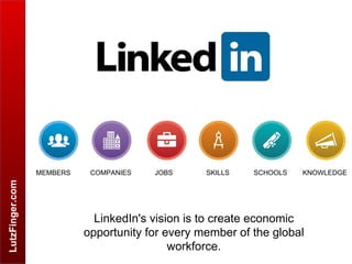 LutzFinger.com
SCHOOLSCOMPANIES KNOWLEDGESKILLSMEMBERS JOBS
LinkedIn's vision is to create economic
opportunity for every member of the global
workforce.
 