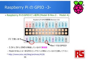 16
Raspberry Pi の GPIO -3-
● Raspberry Pi の GPIO ピン配列 (Model B Rev.2 、 Model A)
– 3.3V と 5V とGND が隣接しているので要注意
– Model B Rev.1 は一部 GPIO ピンアサインが異なっているので注意して下さい
* http://www.orsx.net/blog/archives/4126
I2
C で使います
Rev.1 では GPIO21
 