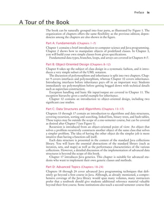 Preface ix
The book can be naturally grouped into four parts, as illustrated by Figure 1. The
organization of chapters offers the same flexibility as the previous edition; depen-
dencies among the chapters are also shown in the figure.
Part A: Fundamentals (Chapters 1–7)
Chapter 1 contains a brief introduction to computer science and Java programming.
Chapter 2 shows how to manipulate objects of predefined classes. In Chapter 3,
you will build your own simple classes from given specifications.
Fundamental data types, branches, loops, and arrays are covered in Chapters 4–7.
Part B: Object-Oriented Design (Chapters 8–12)
Chapter 8 takes up the subject of class design in a systematic fashion, and it intro-
duces a very simple subset of the UML notation.
The discussion of polymorphism and inheritance is split into two chapters. Chap-
ter 9 covers interfaces and polymorphism, whereas Chapter 10 covers inheritance.
Introducing interfaces before inheritance pays off in an important way: Students
immediately see polymorphism before getting bogged down with technical details
such as superclass construction.
Exception handling and basic file input/output are covered in Chapter 11. The
exception hierarchy gives a useful example for inheritance.
Chapter 12 contains an introduction to object-oriented design, including two
significant case studies.
Part C: Data Structures and Algorithms (Chapters 13–17)
Chapters 13 through 17 contain an introduction to algorithms and data structures,
covering recursion, sorting and searching, linked lists, binary trees, and hash tables.
These topics may be outside the scope of a one-semester course, but can be covered
as desired after Chapter 7 (see Figure 1).
Recursion is introduced from an object-oriented point of view: An object that
solves a problem recursively constructs another object of the same class that solves
a simpler problem. The idea of having the other object do the simpler job is more
intuitive than having a function call itself.
Each data structure is presented in the context of the standard Java collections
library. You will learn the essential abstractions of the standard library (such as
iterators, sets, and maps) as well as the performance characteristics of the various
collections. However, a detailed discussion of the implementation of advanced data
structures is beyond the scope of this book.
Chapter 17 introduces Java generics. This chapter is suitable for advanced stu-
dents who want to implement their own generic classes and methods.
Part D: Advanced Topics (Chapters 18–24)
Chapters 18 through 24 cover advanced Java programming techniques that defi-
nitely go beyond a first course in Java. Although, as already mentioned, a compre-
hensive coverage of the Java library would span many volumes, many instructors
prefer that a textbook should give students additional reference material valuable
beyond their first course. Some institutions also teach a second-semester course that
A Tour of the Book
bj4_fm.fm Page ix Saturday, November 7, 2009 12:01 PM
 