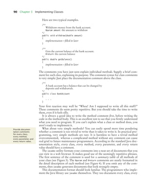 90 Chapter 3 Implementing Classes
Here are two typical examples.
/**
Withdraws money from the bank account.
@param amount the amount to withdraw
*/
public void withdraw(double amount)
{
implementation—filled in later
}
/**
Gets the current balance of the bank account.
@return the current balance
*/
public double getBalance()
{
implementation—filled in later
}
The comments you have just seen explain individual methods. Supply a brief com-
ment for each class, explaining its purpose. The comment syntax for class comments
is very simple: Just place the documentation comment above the class.
/**
A bank account has a balance that can be changed by
deposits and withdrawals.
*/
public class BankAccount
{
. . .
}
Your first reaction may well be “Whoa! Am I supposed to write all this stuff?”
These comments do seem pretty repetitive. But you should take the time to write
them, even if it feels silly.
It is always a good idea to write the method comment first, before writing the
code in the method body. This is an excellent test to see that you firmly understand
what you need to program. If you can’t explain what a class or method does, you
aren’t ready to implement it.
What about very simple methods? You can easily spend more time pondering
whether a comment is too trivial to write than it takes to write it. In practical pro-
gramming, very simple methods are rare. It is harmless to have a trivial method
overcommented, whereas a complicated method without any comment can cause
real grief to future maintenance programmers. According to the standard Java doc-
umentation style, every class, every method, every parameter, and every return
value should have a comment.
The javadoc utility formats your comments into a neat set of documents that you
can view in a web browser. It makes good use of the seemingly repetitive phrases.
The first sentence of the comment is used for a summary table of all methods of
your class (see Figure 3). The @param and @return comments are neatly formatted in
the detail description of each method (see Figure 4). If you omit any of the com-
ments, then javadoc generates documents that look strangely empty.
This documentation format should look familiar. The programmers who imple-
ment the Java library use javadoc themselves. They too document every class, every
Provide documen-
tation comments
for every class,
every method,
every parameter, and
every return value.
bj4_ch03_8.fm Page 90 Thursday, October 22, 2009 8:32 PM
 