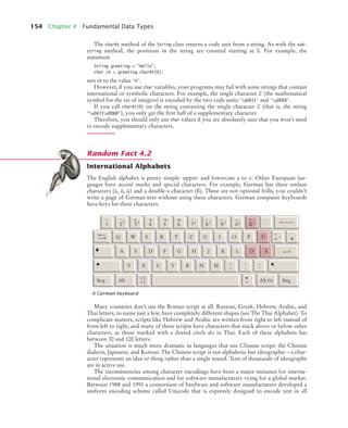 154 Chapter 4 Fundamental Data Types
The charAt method of the String class returns a code unit from a string. As with the sub-
string method, the positions in the string are counted starting at 0. For example, the
statement
String greeting = "Hello";
char ch = greeting.charAt(0);
sets ch to the value 'H'.
However, if you use char variables, your programs may fail with some strings that contain
international or symbolic characters. For example, the single character  (the mathematical
symbol for the set of integers) is encoded by the two code units 'uD835' and 'uDD6B'.
If you call charAt(0) on the string containing the single character  (that is, the string
uD835uDD6B), you only get the ﬁrst half of a supplementary character.
Therefore, you should only use char values if you are absolutely sure that you won’t need
to encode supplementary characters.
International Alphabets
The English alphabet is pretty simple: upper- and lowercase a to z. Other European lan-
guages have accent marks and special characters. For example, German has three umlaut
characters (ä, ö, ü) and a double-s character (ß). These are not optional frills; you couldn’t
write a page of German text without using these characters. German computer keyboards
have keys for these characters.
Many countries don’t use the Roman script at all. Russian, Greek, Hebrew, Arabic, and
Thai letters, to name just a few, have completely different shapes (see The Thai Alphabet). To
complicate matters, scripts like Hebrew and Arabic are written from right to left instead of
from left to right, and many of these scripts have characters that stack above or below other
characters, as those marked with a dotted circle do in Thai. Each of these alphabets has
between 30 and 100 letters.
The situation is much more dramatic in languages that use Chinese script: the Chinese
dialects, Japanese, and Korean. The Chinese script is not alphabetic but ideographic—a char-
acter represents an idea or thing rather than a single sound. Tens of thousands of ideographs
are in active use.
The inconsistencies among character encodings have been a major nuisance for interna-
tional electronic communication and for software manufacturers vying for a global market.
Between 1988 and 1991 a consortium of hardware and software manufacturers developed a
uniform encoding scheme called Unicode that is expressly designed to encode text in all
A German Keyboard
Random Fact 4.2
Q W E R T Z U I O P
A S D F G H J K L
Y X C V B N M
;
,
:
.
_
-
Ö Ä
Ü *
+
~ ´
#
?
ß /
=
0
}
)
9
]
(
8
[
/
7
{

6
%
5
$
4
§
3
3

2
2
!
1
Strg
Strg Alt Alt Gr
 |
 |
•
^
`
´
bj4_ch04_9.fm Page 154 Thursday, October 22, 2009 9:19 PM
 