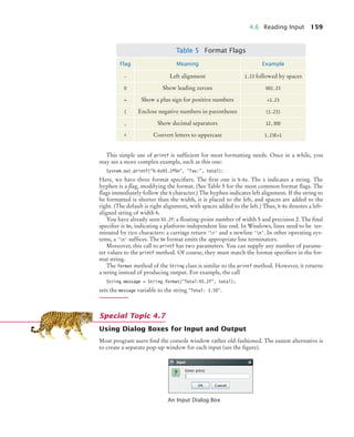 4.6 Reading Input 159
This simple use of printf is sufﬁcient for most formatting needs. Once in a while, you
may see a more complex example, such as this one:
System.out.printf(%-6s%5.2f%n, Tax:, total);
Here, we have three format speciﬁers. The ﬁrst one is %-6s. The s indicates a string. The
hyphen is a flag, modifying the format. (See Table 5 for the most common format ﬂags. The
ﬂags immediately follow the % character.) The hyphen indicates left alignment. If the string to
be formatted is shorter than the width, it is placed to the left, and spaces are added to the
right. (The default is right alignment, with spaces added to the left.) Thus, %-6s denotes a left-
aligned string of width 6.
You have already seen %5.2f: a ﬂoating-point number of width 5 and precision 2. The ﬁnal
speciﬁer is %n, indicating a platform-independent line end. In Windows, lines need to be ter-
minated by two characters: a carriage return 'r' and a newline 'n'. In other operating sys-
tems, a 'n' sufﬁces. The %n format emits the appropriate line terminators.
Moreover, this call to printf has two parameters. You can supply any number of parame-
ter values to the printf method. Of course, they must match the format speciﬁers in the for-
mat string.
The format method of the String class is similar to the printf method. However, it returns
a string instead of producing output. For example, the call
String message = String.format(Total:%5.2f, total);
sets the message variable to the string Total: 3.50.
Using Dialog Boxes for Input and Output
Most program users ﬁnd the console window rather old-fashioned. The easiest alternative is
to create a separate pop-up window for each input (see the ﬁgure).
Table 5 Format Flags
Flag Meaning Example
- Left alignment 1.23 followed by spaces
0 Show leading zeroes 001.23
+ Show a plus sign for positive numbers +1.23
( Enclose negative numbers in parentheses (1.23)
, Show decimal separators 12,300
^ Convert letters to uppercase 1.23E+1
An Input Dialog Box
Special Topic 4.7
bj4_ch04_9.fm Page 159 Thursday, October 22, 2009 9:19 PM
 