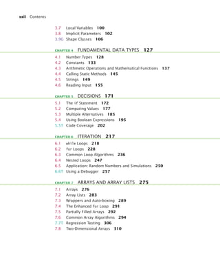 xxii Contents
3.7 Local Variables 100
3.8 Implicit Parameters 102
3.9G Shape Classes 106
4.1 Number Types 128
4.2 Constants 133
4.3 Arithmetic Operations and Mathematical Functions 137
4.4 Calling Static Methods 145
4.5 Strings 149
4.6 Reading Input 155
5.1 The if Statement 172
5.2 Comparing Values 177
5.3 Multiple Alternatives 185
5.4 Using Boolean Expressions 195
5.5T Code Coverage 202
6.1 while Loops 218
6.2 for Loops 228
6.3 Common Loop Algorithms 236
6.4 Nested Loops 247
6.5 Application: Random Numbers and Simulations 250
6.6T Using a Debugger 257
7.1 Arrays 276
7.2 Array Lists 283
7.3 Wrappers and Auto-boxing 289
7.4 The Enhanced for Loop 291
7.5 Partially Filled Arrays 292
7.6 Common Array Algorithms 294
7.7T Regression Testing 306
7.8 Two-Dimensional Arrays 310
CHAPTER 4 FUNDAMENTAL DATA TYPES 127
CHAPTER 5 DECISIONS 171
CHAPTER 6 ITERATION 217
CHAPTER 7 ARRAYS AND ARRAY LISTS 275
bj4_fm.fm Page xxii Saturday, November 7, 2009 12:01 PM
 
