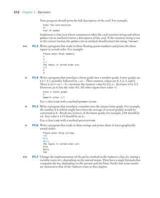 212 Chapter 5 Decisions
Your program should print the full description of the card. For example,
Enter the card notation:
4S
Four of spades
Implement a class Card whose constructor takes the card notation string and whose
getDescription method returns a description of the card. If the notation string is not
in the correct format, the getDescription method should return the string Unknown.
P5.3 Write a program that reads in three floating-point numbers and prints the three
inputs in sorted order. For example:
Please enter three numbers:
4
9
2.5
The inputs in sorted order are:
2.5
4
9
P5.4 Write a program that translates a letter grade into a number grade. Letter grades are
A B C D F, possibly followed by + or -. Their numeric values are 4, 3, 2, 1, and 0.
There is no F+ or F-. A + increases the numeric value by 0.3, a - decreases it by 0.3.
However, an A+ has the value 4.0. All other inputs have value –1.
Enter a letter grade:
B-
Numeric value: 2.7.
Use a class Grade with a method getNumericGrade.
P5.5 Write a program that translates a number into the closest letter grade. For example,
the number 2.8 (which might have been the average of several grades) would be
converted to B-. Break ties in favor of the better grade; for example, 2.85 should be
a B. Any value ≥ 4.15 should be an A+.
Use a class Grade with a method getLetterGrade.
P5.6 Write a program that reads in three strings and prints them in lexicographically
sorted order:
Please enter three strings:
Tom
Dick
Harry
The inputs in sorted order are:
Dick
Harry
Tom
P5.7 Change the implementation of the getTax method in the TaxReturn class, by setting a
variable rate1Limit, depending on the marital status. Then have a single formula that
computes the tax, depending on the income and the limit. Verify that your results
are identical to that of the TaxReturn class in this chapter.
bj4_ch05_9.fm Page 212 Friday, October 23, 2009 11:32 AM
 