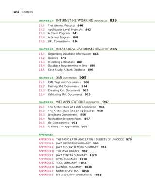 xxvi Contents
21.1 The Internet Protocol 840
21.2 Application Level Protocols 842
21.3 A Client Program 845
21.4 A Server Program 848
21.5 URL Connections 856
23.1 Organizing Database Information 866
23.2 Queries 873
23.3 Installing a Database 881
23.4 Database Programming in Java 886
23.5 Case Study: A Bank Database 893
25.1 XML Tags and Documents 906
25.2 Parsing XML Documents 914
25.3 Creating XML Documents 923
25.4 Validating XML Documents 929
26.1 The Architecture of a Web Application 948
26.2 The Architecture of a JSF Application 950
26.3 JavaBeans Components 956
26.4 Navigation Between Pages 957
26.5 JSF Components 963
26.6 A Three-Tier Application 965
APPENDIX A THE BASIC LATIN AND LATIN-1 SUBSETS OF UNICODE 979
APPENDIX B JAVA OPERATOR SUMMARY 983
APPENDIX C JAVA RESERVED WORD SUMMARY 985
APPENDIX D THE JAVA LIBRARY 987
APPENDIX E JAVA SYNTAX SUMMARY 1029
APPENDIX F HTML SUMMARY 1040
APPENDIX G TOOL SUMMARY 1045
APPENDIX H JAVADOC SUMMARY 1048
APPENDIX I NUMBER SYSTEMS 1050
APPENDIX J BIT AND SHIFT OPERATIONS 1055
CHAPTER 21 INTERNET NETWORKING (ADVANCED) 839
CHAPTER 22 RELATIONAL DATABASES (ADVANCED) 865
CHAPTER 24 XML (ADVANCED) 905
CHAPTER 26 WEB APPLICATIONS (ADVANCED) 947
APPENDICES
bj4_fm.fm Page xxvi Saturday, November 7, 2009 12:01 PM
 