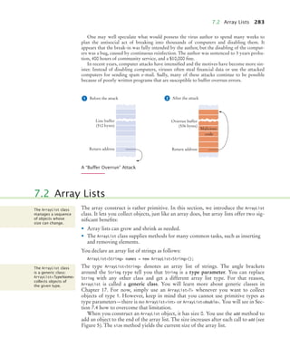 7.2 Array Lists 283
One may well speculate what would possess the virus author to spend many weeks to
plan the antisocial act of breaking into thousands of computers and disabling them. It
appears that the break-in was fully intended by the author, but the disabling of the comput-
ers was a bug, caused by continuous reinfection. The author was sentenced to 3 years proba-
tion, 400 hours of community service, and a $10,000 fine.
In recent years, computer attacks have intensified and the motives have become more sin-
ister. Instead of disabling computers, viruses often steal financial data or use the attacked
computers for sending spam e-mail. Sadly, many of these attacks continue to be possible
because of poorly written programs that are susceptible to buffer overrun errors.
The array construct is rather primitive. In this section, we introduce the ArrayList
class. It lets you collect objects, just like an array does, but array lists offer two sig-
nificant benefits:
• Array lists can grow and shrink as needed.
• The ArrayList class supplies methods for many common tasks, such as inserting
and removing elements.
You declare an array list of strings as follows:
ArrayListString names = new ArrayListString();
The type ArrayListString denotes an array list of strings. The angle brackets
around the String type tell you that String is a type parameter. You can replace
String with any other class and get a different array list type. For that reason,
ArrayList is called a generic class. You will learn more about generic classes in
Chapter 17. For now, simply use an ArrayListT whenever you want to collect
objects of type T. However, keep in mind that you cannot use primitive types as
type parameters—there is no ArrayListint or ArrayListdouble. You will see in Sec-
tion 7.4 how to overcome that limitation.
When you construct an ArrayList object, it has size 0. You use the add method to
add an object to the end of the array list. The size increases after each call to add (see
Figure 5). The size method yields the current size of the array list.
A “Buffer Overrun” Attack
Return address
Line buffer
(512 bytes)
1 Before the attack 2 After the attack
Return address
Overrun buffer
(536 bytes)
Malicious
code
7.2 Array Lists
The ArrayList class
manages a sequence
of objects whose
size can change.
The ArrayList class
is a generic class:
ArrayListTypeName
collects objects of
the given type.
bj4_ch07_8.fm Page 283 Monday, October 26, 2009 11:53 AM
 