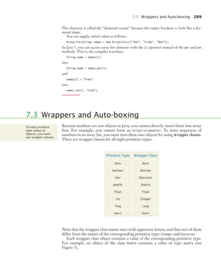 7.3 Wrappers and Auto-boxing 289
This shortcut is called the “diamond syntax” because the empty brackets  look like a dia-
mond shape.
You can supply initial values as follows:
ArrayListString names = new ArrayList([Ann, Cindy, Bob]);
In Java 7, you can access array list elements with the [] operator instead of the get and put
methods. That is, the compiler translates
String name = names[i];
into
String name = names.get(i);
and
names[i] = Fred;
into
names.set(i, Fred);
Because numbers are not objects in Java, you cannot directly insert them into array
lists. For example, you cannot form an ArrayListdouble. To store sequences of
numbers in an array list, you must turn them into objects by using wrapper classes.
There are wrapper classes for all eight primitive types:
Note that the wrapper class names start with uppercase letters, and that two of them
differ from the names of the corresponding primitive type: Integer and Character.
Each wrapper class object contains a value of the corresponding primitive type.
For example, an object of the class Double contains a value of type double (see
Figure 7).
7.3 Wrappers and Auto-boxing
To treat primitive
type values as
objects, you must
use wrapper classes.
Primitive Type Wrapper Class
byte Byte
boolean Boolean
char Character
double Double
float Float
int Integer
long Long
short Short
bj4_ch07_8.fm Page 289 Monday, October 26, 2009 11:53 AM
 
