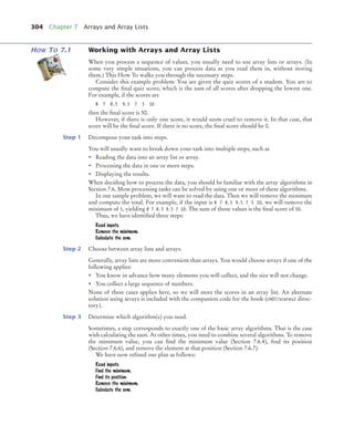 304 Chapter 7 Arrays and Array Lists
HOW TO 7.1 Working with Arrays and Array Lists
When you process a sequence of values, you usually need to use array lists or arrays. (In
some very simple situations, you can process data as you read them in, without storing
them.) This How To walks you through the necessary steps.
Consider this example problem: You are given the quiz scores of a student. You are to
compute the final quiz score, which is the sum of all scores after dropping the lowest one.
For example, if the scores are
8 7 8.5 9.5 7 5 10
then the final score is 50.
However, if there is only one score, it would seem cruel to remove it. In that case, that
score will be the final score. If there is no score, the final score should be 0.
Step 1 Decompose your task into steps.
You will usually want to break down your task into multiple steps, such as
• Reading the data into an array list or array.
• Processing the data in one or more steps.
• Displaying the results.
When deciding how to process the data, you should be familiar with the array algorithms in
Section 7.6. Most processing tasks can be solved by using one or more of these algorithms.
In our sample problem, we will want to read the data. Then we will remove the minimum
and compute the total. For example, if the input is 8 7 8.5 9.5 7 5 10, we will remove the
minimum of 5, yielding 8 7 8.5 9.5 7 10. The sum of those values is the final score of 50.
Thus, we have identified three steps:
Read inputs.
Remove the minimum.
Calculate the sum.
Step 2 Choose between array lists and arrays.
Generally, array lists are more convenient than arrays. You would choose arrays if one of the
following applies:
• You know in advance how many elements you will collect, and the size will not change.
• You collect a large sequence of numbers.
None of these cases applies here, so we will store the scores in an array list. An alternate
solution using arrays is included with the companion code for the book (ch07/scores2 direc-
tory).
Step 3 Determine which algorithm(s) you need.
Sometimes, a step corresponds to exactly one of the basic array algorithms. That is the case
with calculating the sum. At other times, you need to combine several algorithms. To remove
the minimum value, you can find the minimum value (Section 7.6.4), find its position
(Section 7.6.6), and remove the element at that position (Section 7.6.7).
We have now refined our plan as follows:
Read inputs.
Find the minimum.
Find its position.
Remove the minimum.
Calculate the sum.
bj4_ch07_8.fm Page 304 Monday, October 26, 2009 11:53 AM
 