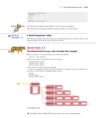 7.8 Two-Dimensional Arrays 313
Available online in WileyPLUS and at www.wiley.com/college/horstmann.
19. How do you declare and initialize a 4-by-4 array of integers?
20. How do you count the number of spaces in the tic-tac-toe board?
A World Population Table
This Worked Example shows how to print world population data in a table with row and
column headers, and totals for each of the data columns.
Two-Dimensional Arrays with Variable Row Lengths
When you declare a two-dimensional array with the command
int[][] a = new int[3][3];
then you get a 3-by-3 matrix that can store 9 elements:
a[0][0] a[0][1] a[0][2]
a[1][0] a[1][1] a[1][2]
a[2][0] a[2][1] a[2][2]
In this matrix, all rows have the same length.
In Java it is possible to declare arrays in which the row length varies. For example, you
can store an array that has a triangular shape, such as:
b[0][0]
b[1][0] b[1][1]
b[2][0] b[2][1] b[2][2]
Row for o (-1 to exit): 0
Column for o: 0
|o |
| x|
| |
Row for x (-1 to exit): -1
S E L F C H E C K
Worked
Example 7.2
Special Topic 7.3
A Triangular Array
double[]
b =
[0]
[1]
[2]
[3]
double[] [0]
double[] [0] [1]
double[] [0] [1] [2]
double[] [0] [1] [2] [3]
bj4_ch07_8.fm Page 313 Thursday, November 5, 2009 12:36 PM
 