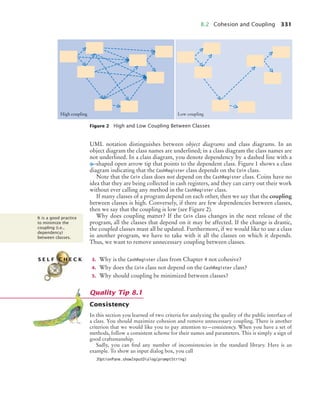 8.2 Cohesion and Coupling 331
UML notation distinguishes between object diagrams and class diagrams. In an
object diagram the class names are underlined; in a class diagram the class names are
not underlined. In a class diagram, you denote dependency by a dashed line with a
-shaped open arrow tip that points to the dependent class. Figure 1 shows a class
diagram indicating that the CashRegister class depends on the Coin class.
Note that the Coin class does not depend on the CashRegister class. Coins have no
idea that they are being collected in cash registers, and they can carry out their work
without ever calling any method in the CashRegister class.
If many classes of a program depend on each other, then we say that the coupling
between classes is high. Conversely, if there are few dependencies between classes,
then we say that the coupling is low (see Figure 2).
Why does coupling matter? If the Coin class changes in the next release of the
program, all the classes that depend on it may be affected. If the change is drastic,
the coupled classes must all be updated. Furthermore, if we would like to use a class
in another program, we have to take with it all the classes on which it depends.
Thus, we want to remove unnecessary coupling between classes.
3. Why is the CashRegister class from Chapter 4 not cohesive?
4. Why does the Coin class not depend on the CashRegister class?
5. Why should coupling be minimized between classes?
Consistency
In this section you learned of two criteria for analyzing the quality of the public interface of
a class. You should maximize cohesion and remove unnecessary coupling. There is another
criterion that we would like you to pay attention to—consistency. When you have a set of
methods, follow a consistent scheme for their names and parameters. This is simply a sign of
good craftsmanship.
Sadly, you can find any number of inconsistencies in the standard library. Here is an
example. To show an input dialog box, you call
JOptionPane.showInputDialog(promptString)
Figure 2 High and Low Coupling Between Classes
Low coupling
High coupling
It is a good practice
to minimize the
coupling (i.e.,
dependency)
between classes.
S E L F C H E C K
Quality Tip 8.1
bj4_ch08_7.fm Page 331 Monday, October 26, 2009 10:06 PM
 