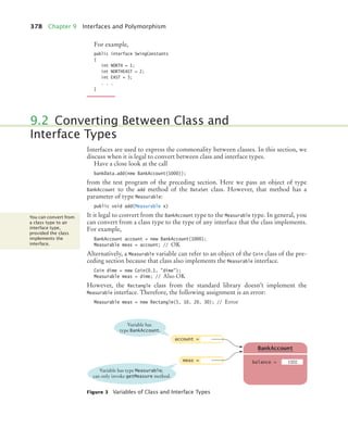 378 Chapter 9 Interfaces and Polymorphism
For example,
public interface SwingConstants
{
int NORTH = 1;
int NORTHEAST = 2;
int EAST = 3;
. . .
}
Interfaces are used to express the commonality between classes. In this section, we
discuss when it is legal to convert between class and interface types.
Have a close look at the call
bankData.add(new BankAccount(1000));
from the test program of the preceding section. Here we pass an object of type
BankAccount to the add method of the DataSet class. However, that method has a
parameter of type Measurable:
public void add(Measurable x)
It it legal to convert from the BankAccount type to the Measurable type. In general, you
can convert from a class type to the type of any interface that the class implements.
For example,
BankAccount account = new BankAccount(1000);
Measurable meas = account; // OK
Alternatively, a Measurable variable can refer to an object of the Coin class of the pre-
ceding section because that class also implements the Measurable interface.
Coin dime = new Coin(0.1, dime);
Measurable meas = dime; // Also OK
However, the Rectangle class from the standard library doesn’t implement the
Measurable interface. Therefore, the following assignment is an error:
Measurable meas = new Rectangle(5, 10, 20, 30); // Error
9.2 Converting Between Class and
Interface Types
Figure 3 Variables of Class and Interface Types
You can convert from
a class type to an
interface type,
provided the class
implements the
interface.
account =
balance =
BankAccount
1000
meas =
Variable has
type BankAccount.
Variable has type Measurable;
can only invoke getMeasure method.
bj4_ch09_7.fm Page 378 Monday, October 26, 2009 9:31 PM
 