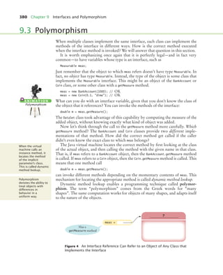 380 Chapter 9 Interfaces and Polymorphism
When multiple classes implement the same interface, each class can implement the
methods of the interface in different ways. How is the correct method executed
when the interface method is invoked? We will answer that question in this section.
It is worth emphasizing once again that it is perfectly legal—and in fact very
common—to have variables whose type is an interface, such as
Measurable meas;
Just remember that the object to which meas refers doesn’t have type Measurable. In
fact, no object has type Measurable. Instead, the type of the object is some class that
implements the Measurable interface. This might be an object of the BankAccount or
Coin class, or some other class with a getMeasure method.
meas = new BankAccount(1000); // OK
meas = new Coin(0.1, dime); // OK
What can you do with an interface variable, given that you don’t know the class of
the object that it references? You can invoke the methods of the interface:
double m = meas.getMeasure();
The DataSet class took advantage of this capability by computing the measure of the
added object, without knowing exactly what kind of object was added.
Now let’s think through the call to the getMeasure method more carefully. Which
getMeasure method? The BankAccount and Coin classes provide two different imple-
mentations of that method. How did the correct method get called if the caller
didn’t even know the exact class to which meas belongs?
The Java virtual machine locates the correct method by first looking at the class
of the actual object, and then calling the method with the given name in that class.
That is, if meas refers to a BankAccount object, then the BankAccount.getMeasure method
is called. If meas refers to a Coin object, then the Coin.getMeasure method is called. This
means that one method call
double m = meas.getMeasure();
can invoke different methods depending on the momentary contents of meas. This
mechanism for locating the appropriate method is called dynamic method lookup.
Dynamic method lookup enables a programming technique called polymor-
phism. The term “polymorphism” comes from the Greek words for “many
shapes”. The same computation works for objects of many shapes, and adapts itself
to the nature of the objects.
9.3 Polymorphism
Figure 4 An Interface Reference Can Refer to an Object of Any Class that
Implements the Interface
A N I M AT I O N
Polymorphism
When the virtual
machine calls an
instance method, it
locates the method
of the implicit
parameter’s class.
This is called dynamic
method lookup.
Polymorphism
denotes the ability to
treat objects with
differences in
behavior in a
uniform way.
?
meas =
Has a
getMeasure method
bj4_ch09_7.fm Page 380 Monday, October 26, 2009 9:31 PM
 