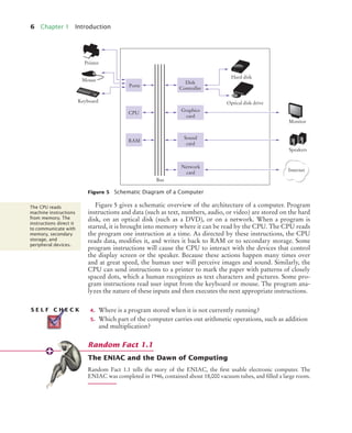 6 Chapter 1 Introduction
Figure 5 gives a schematic overview of the architecture of a computer. Program
instructions and data (such as text, numbers, audio, or video) are stored on the hard
disk, on an optical disk (such as a DVD), or on a network. When a program is
started, it is brought into memory where it can be read by the CPU. The CPU reads
the program one instruction at a time. As directed by these instructions, the CPU
reads data, modifies it, and writes it back to RAM or to secondary storage. Some
program instructions will cause the CPU to interact with the devices that control
the display screen or the speaker. Because these actions happen many times over
and at great speed, the human user will perceive images and sound. Similarly, the
CPU can send instructions to a printer to mark the paper with patterns of closely
spaced dots, which a human recognizes as text characters and pictures. Some pro-
gram instructions read user input from the keyboard or mouse. The program ana-
lyzes the nature of these inputs and then executes the next appropriate instructions.
4. Where is a program stored when it is not currently running?
5. Which part of the computer carries out arithmetic operations, such as addition
and multiplication?
The ENIAC and the Dawn of Computing
Random Fact 1.1 tells the story of the ENIAC, the first usable electronic computer. The
ENIAC was completed in 1946, contained about 18,000 vacuum tubes, and filled a large room.
Figure 5 Schematic Diagram of a Computer
Printer
Mouse
Keyboard
Bus
Ports
CPU
RAM
Disk
Controller
Hard disk
Optical disk drive
Monitor
Speakers
Internet
Graphics
card
Sound
card
Network
card
The CPU reads
machine instructions
from memory. The
instructions direct it
to communicate with
memory, secondary
storage, and
peripheral devices.
S E L F C H E C K
Random Fact 1.1
BJ4_ch01_3.fm Page 6 Monday, June 29, 2009 11:15 AM
 
