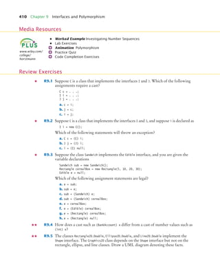 410 Chapter 9 Interfaces and Polymorphism
• Worked Example Investigating Number Sequences
• Lab Exercises
Animation Polymorphism
Practice Quiz
Code Completion Exercises
R9.1 Suppose C is a class that implements the interfaces I and J. Which of the following
assignments require a cast?
C c = . . .;
I i = . . .;
J j = . . .;
a. c = i;
b. j = c;
c. i = j;
R9.2 Suppose C is a class that implements the interfaces I and J, and suppose i is declared as
I i = new C();
Which of the following statements will throw an exception?
a. C c = (C) i;
b. J j = (J) i;
c. i = (I) null;
R9.3 Suppose the class Sandwich implements the Edible interface, and you are given the
variable declarations
Sandwich sub = new Sandwich();
Rectangle cerealBox = new Rectangle(5, 10, 20, 30);
Edible e = null;
Which of the following assignment statements are legal?
a. e = sub;
b. sub = e;
c. sub = (Sandwich) e;
d. sub = (Sandwich) cerealBox;
e. e = cerealBox;
f. e = (Edible) cerealBox;
g. e = (Rectangle) cerealBox;
h. e = (Rectangle) null;
R9.4 How does a cast such as (BankAccount) x differ from a cast of number values such as
(int) x?
R9.5 The classes Rectangle2D.Double, Ellipse2D.Double, and Line2D.Double implement the
Shape interface. The Graphics2D class depends on the Shape interface but not on the
rectangle, ellipse, and line classes. Draw a UML diagram denoting these facts.
Media Resources
www.wiley.com/
college/
horstmann
Review Exercises
bj4_ch09_7.fm Page 410 Monday, October 26, 2009 9:31 PM
 
